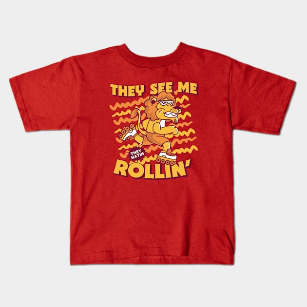 They See Me Rollin' They Hatin' // Rollerblading Lion Kids T-Shirt by Now Boarding